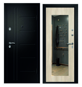 Стальная дверь, МЕДЕЯ-311 "Z", сатин черный-лиственница светлая, 860*2050 (Л), Зеркало, в комплекте с замком, Ретвизан
