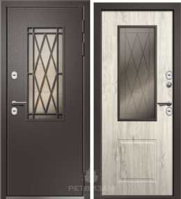 Стальная дверь, Веста (стеклопакет), шагрень матовая ral8019-дуб полярный нп, 860*2050 (Пр), бронза, в комплекте с замком, Ретвизан