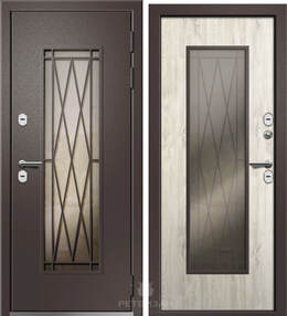 Стальная дверь, Веста (стеклопакет MAX), шагрень матовая ral8019-дуб полярный нп, 860*2050 (Пр), бронза, в комплекте с замком, Ретвизан
