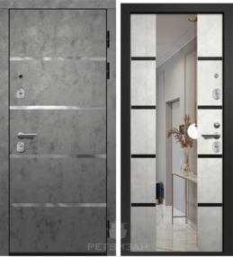 Стальная дверь, ОРФЕЙ-600 NEW, бетон темный-бетон снежный, 960*2050 (Пр), Зеркало, в ком-те с замком, Ретвизан