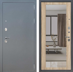 Стальная дверь, Аркан Зеркало, букле графит-дуб сонома, 860*2050 (Пр), Зеркало, в комплекте с замком, FLYDOORS