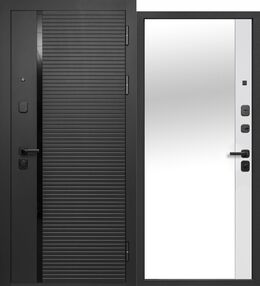 Стальная дверь, 9 см ЧЕРНОЕ ЗЕРКАЛО, сатин черный-эмалит белый, 960*2050 (Пр), Зеркало, в комплекте с замком, Ferroni