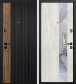 Стальная дверь, КАНТРИ ЗЕРКАЛО, сатин черный/тиковое дерево-лиственница камчатская, 860*2050 (Л), Зеркало, в комплекте с замком, Ferroni