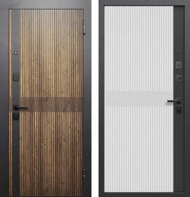 Стальная дверь, ВУД ВЕРТИКАЛЬ, орех кантри патина/сатин черный-сатин белый/сатин черный, 960*2050 (Л), в комплекте с замком, Ferroni